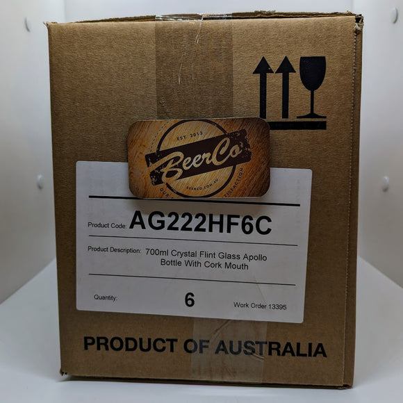6 X 700mL Apollo Crystal Flint Glass Spirit Bottles with Cork Mouth (Carton)