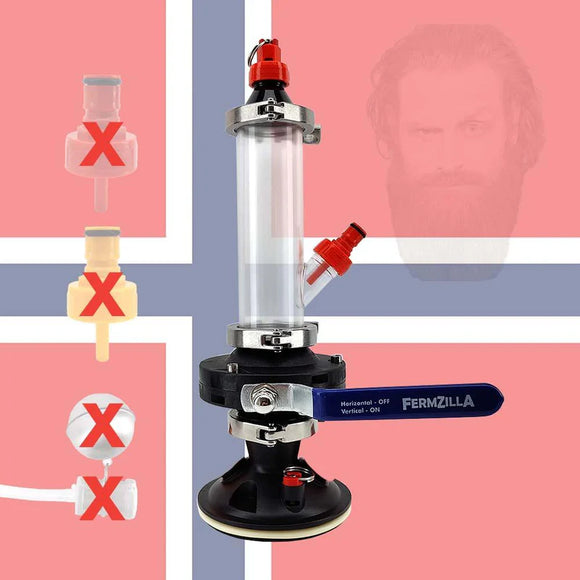 FermZilla brewing equipment with a clear cylindrical container and red and blue components on a pink and blue background.
