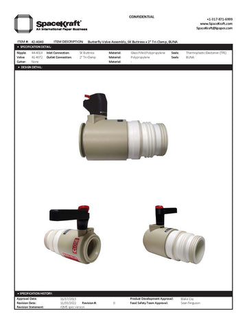 Butterfly valve assembly with specifications on a Spacecraft branded document.