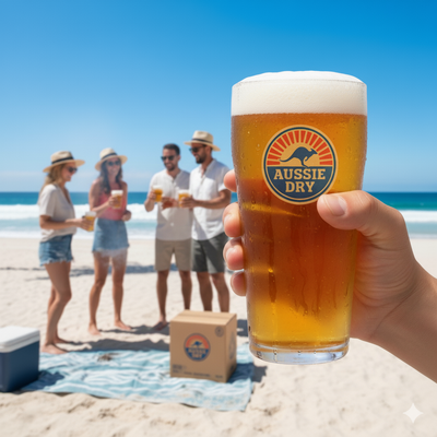 Person holding a glass of Aussie Dry beer on a beach with friends in the background