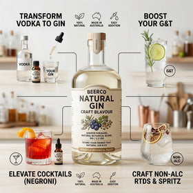 BEERCO Natural Gin bottle with cocktail ingredients and glasses on a blurred bar background