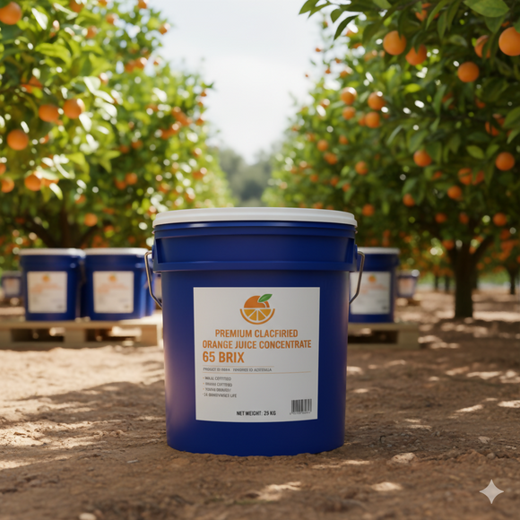 Blue bucket labeled 'Premium Glacefré Orange Juice Concentrate' in an orange orchard.