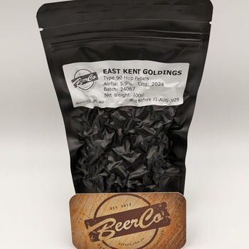 Black packaging of East Kent Goldings hop pellets with a BeerCo branded label on a white background.