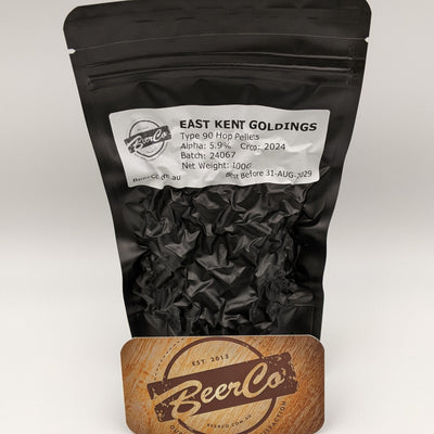 Black packaging of East Kent Goldings hop pellets with a BeerCo branded label on a white background.