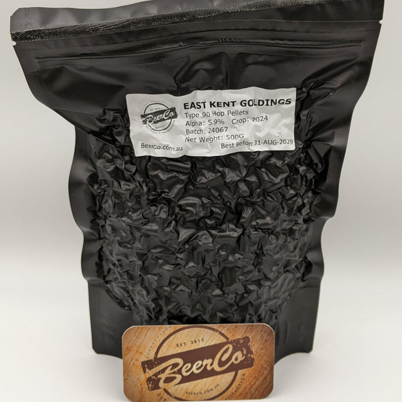 Black bag of East Kent Goldings hops with a BeerCo label on a white background
