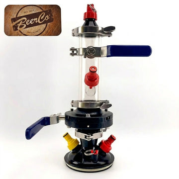 Brewing apparatus with red and blue components on a white background, featuring a 'BeerCo' logo.