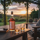 Old Barrel Whiskey bottle with two glasses on a wooden table outdoors during sunset.