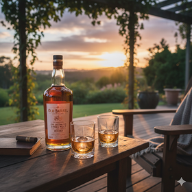 Old Barrel Whiskey bottle with two glasses on a wooden table outdoors during sunset.