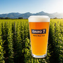 Glass of Idaho 7 India Pale Ale in a hop field with mountains in the background