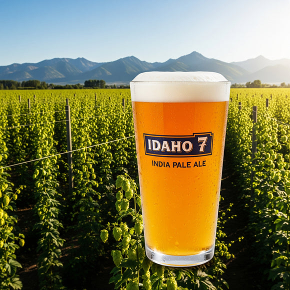 Glass of Idaho 7 India Pale Ale in a hop field with mountains in the background
