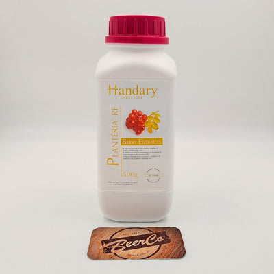 A white plastic bottle of Handary Planteria Re Berry Extracts with a bright pink cap, displayed on a light gray background with a small wooden 'BeerCo' coaster in front.