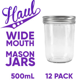 Clear wide-mouth mason jar with silver lid on a white background, labeled 'Haul' with text about size and quantity.