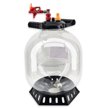 Clear glass fermentation vessel with black lid and red valve on a white background