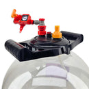 Black mechanical device with red and orange components on a white background