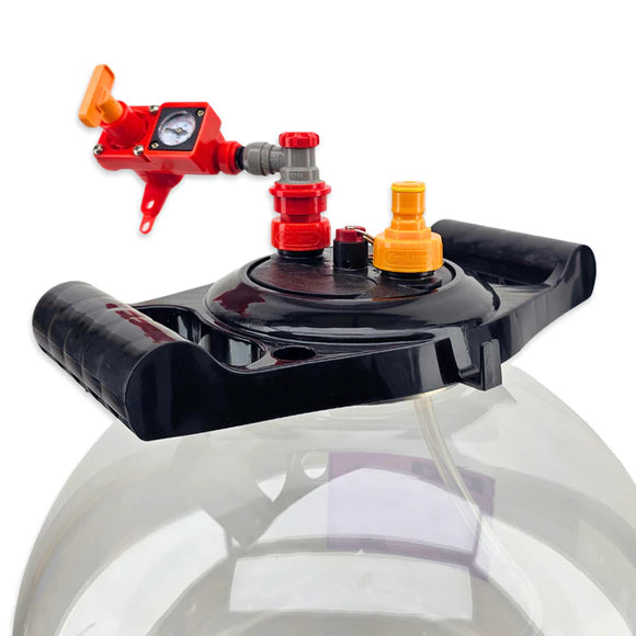 Black mechanical device with red and orange components on a white background