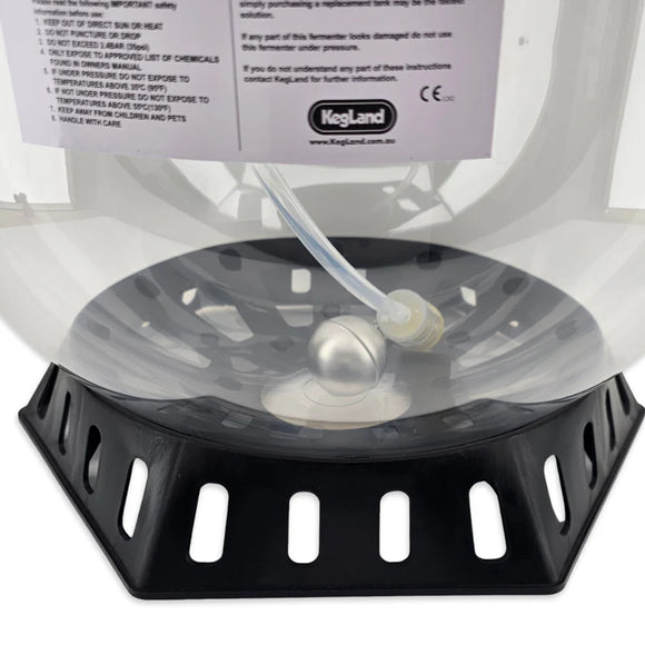 Black and clear plastic fermenter with a Kegland label on a white background
