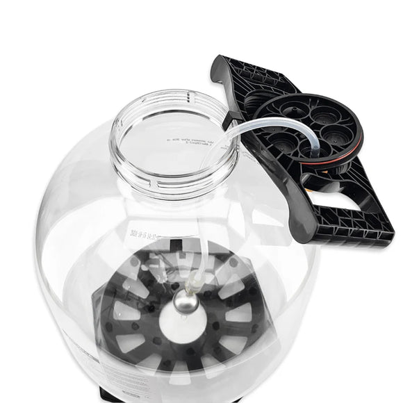 Clear PET Fermenter with black plastic lid and interior components on a white background