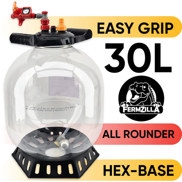 FermZilla 30L fermentation vessel with 'Easy Grip', 'All Rounder', and 'Hex-Base' features.