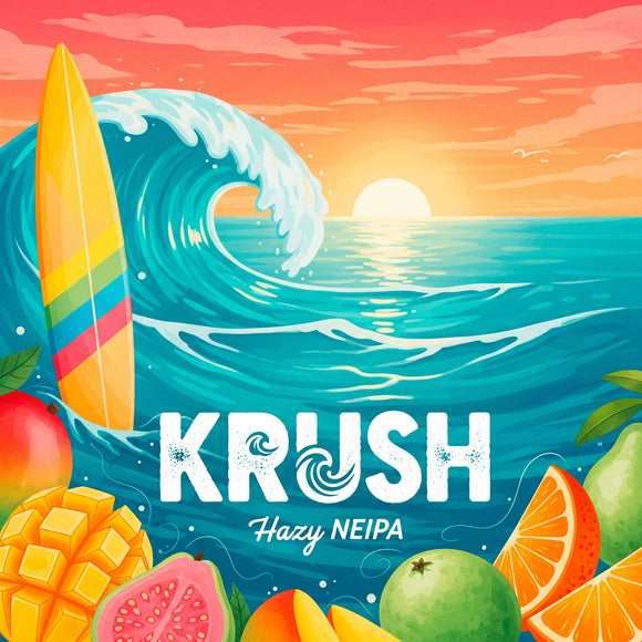 Sunny beach scene with a surfboard, fruits, and 'KRUSH Hazy NEIPA' text.