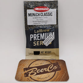 Packaging of Lallemand Brewing Munich Classic Wheat Beer Yeast, showing the sachet with branding and a wooden texture design.