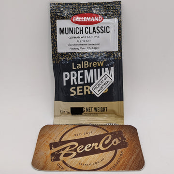 Packaging of Lallemand Brewing Munich Classic Wheat Beer Yeast, showing the sachet with branding and a wooden texture design.