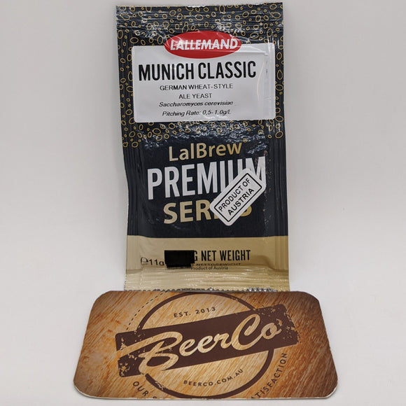 Packaging of Lallemand Brewing Munich Classic Wheat Beer Yeast, showing the sachet with branding and a wooden texture design.
