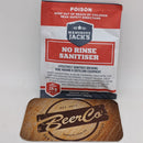 A packet of 'No Rinse Sanitiser' by Mangrove Jack's, a brewing sanitizer that is effective against bacteria, yeast, and mold. The packet has a red and white color scheme with safety and effectiveness information, and a logo at the bottom.