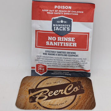 A packet of 'No Rinse Sanitiser' by Mangrove Jack's, a brewing sanitizer that is effective against bacteria, yeast, and mold. The packet has a red and white color scheme with safety and effectiveness information, and a logo at the bottom.