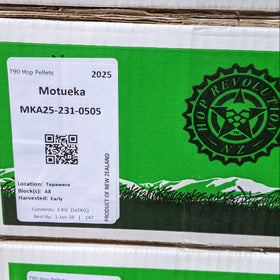 Green packaging with a label for Motueka hop pellets from Hop Revolution NZ.