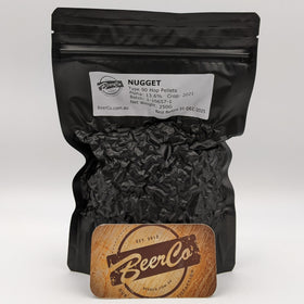 Black bag of Nugget hop pellets with BeerCo branding on a white background