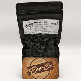 Black bag of Pacifica hops with a BeerCo label on a white background