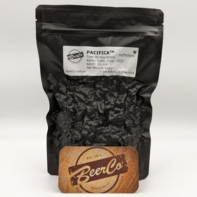 Black bag of Pacifica hops with BeerCo branding on a white background