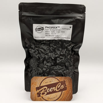 Black bag of Pacifica hops with BeerCo branding on a white background