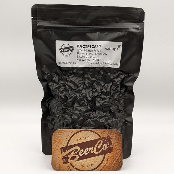Black bag of Pacifica hops with BeerCo branding on a white background
