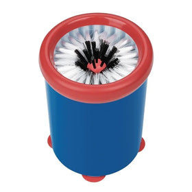 Blue and red cleaning brush with bristle head on a white background