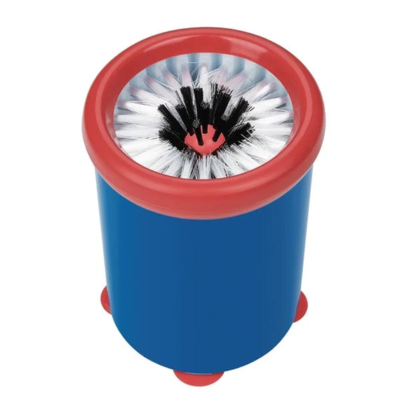 Blue and red cleaning brush with bristle head on a white background