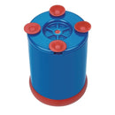 Blue cylindrical container with red accents on a white background