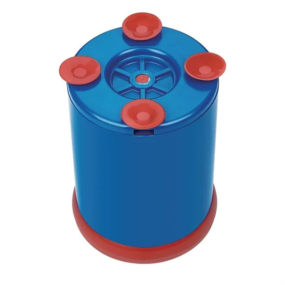 Blue cylindrical container with red accents on a white background