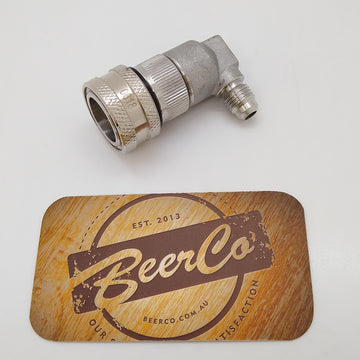 A stainless steel ball lock keg disconnect with threaded fitting, placed on a coaster with the text 'BeerCo'.