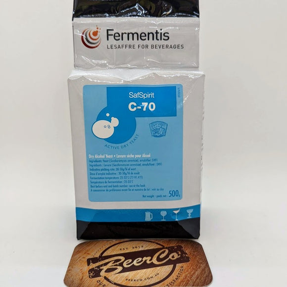 Packaging of SafSpirit C-70 yeast by Fermentis, featuring product information and branding.