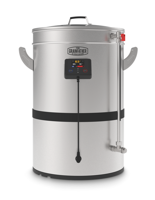A Grainfather G40 brewing system made of stainless steel with a digital display and control panel.